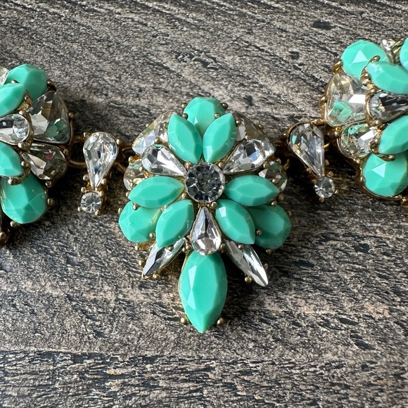 J Crew Teal and Crystal Cluster Flower Necklace - Picture 7 of 8